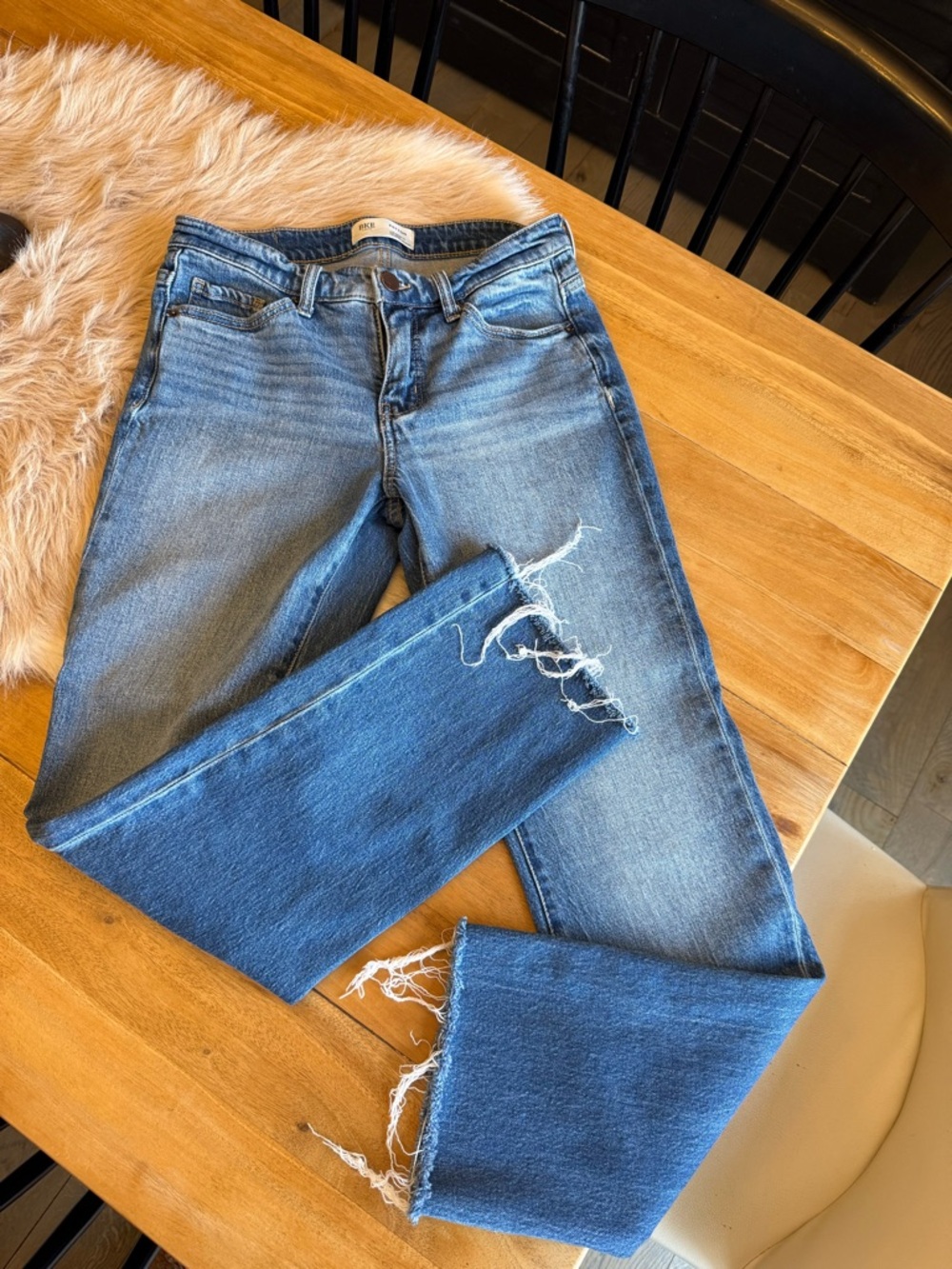 BKE Women's Blue Distressed Flare Jeans
